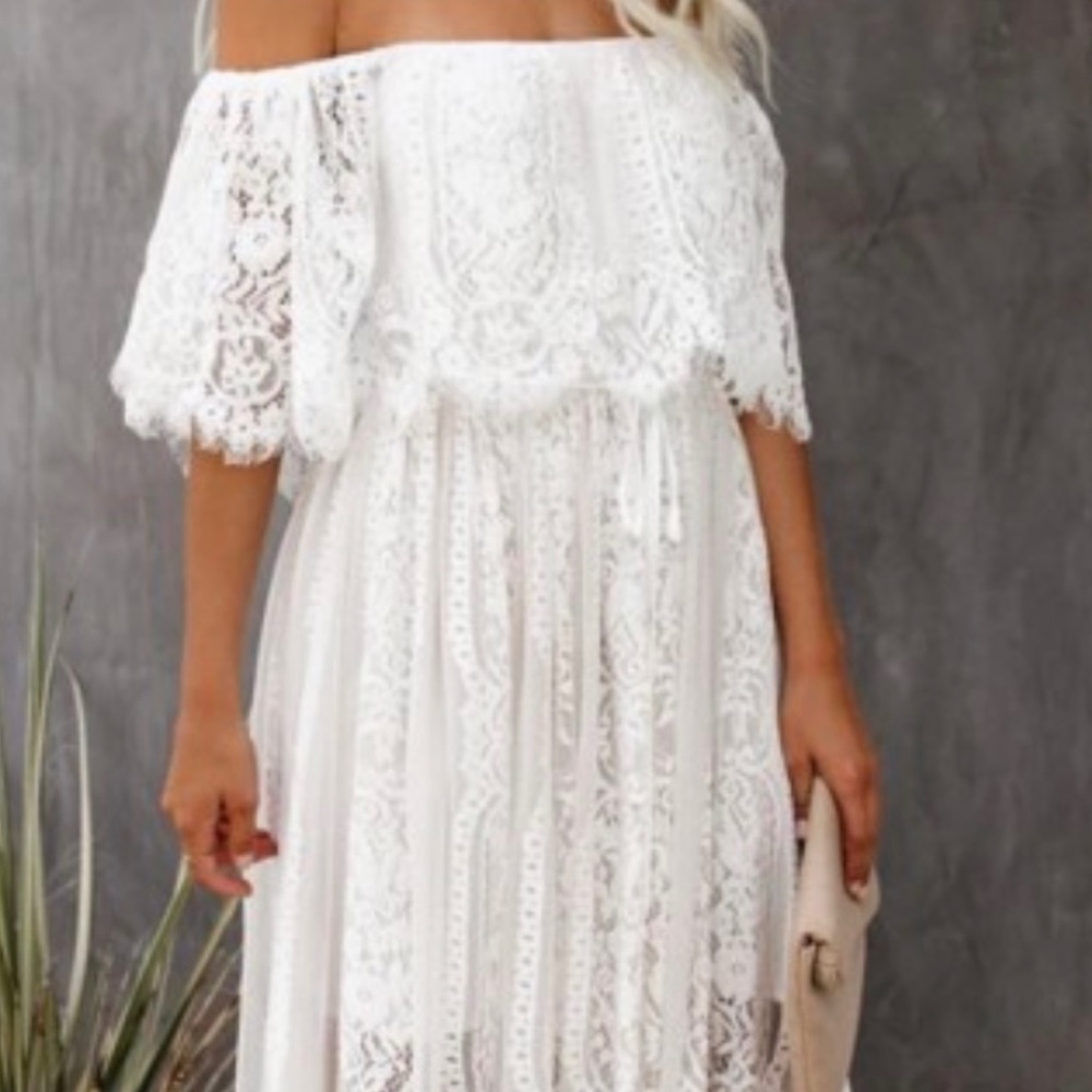 White Lace Off The Shoulder Maxi Dress